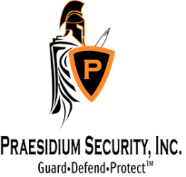 Praesidium Security logo with a gladiator, shield, and slogan: "Guard-Defend-Protect."