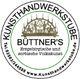 Logo der Kunsthandwerkstube Büttner's mit traditionellem Motiv und Kontaktdaten im Kreis.