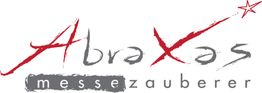 Logo mit dem Wort "AbraXas" in Rot, darunter "messezauberer" und ein roter Stern rechts oben.