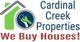 Logo with a green house, key icon, and text: "Cardinal Creek Properties, We Buy Houses!"