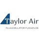 Logo von Taylor Air, Flugsimulator-Fliegen.de, mit blauem Flügelgrafik und Text.
