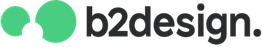 Logo met tekst "b2design" en groene vormen.