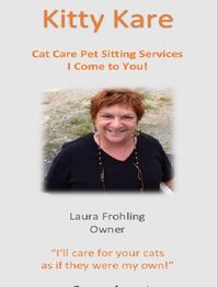 Woman smiling on a flyer for Kitty Kare, a cat care pet sitting service.