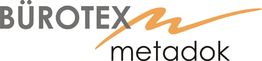 Logo mit Text "Bürotex metadok", graue und orangene Schriftzüge, wellenförmiges Design.