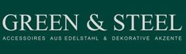 Text auf grünem Hintergrund: "GREEN & STEEL Accessoires aus Edelstahl & dekorative Akzente".