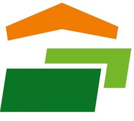 Logo mit orangefarbenem Dach und grünen Rechtecken darunter, die wie ein Haus wirken.