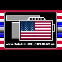 U.S. flag and garage door graphic with "www.GARAGEDOOROPENERS.us" on a striped background.
