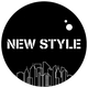 "Logo: scritta 'New Style' sopra skyline stilizzato, sfondo nero."