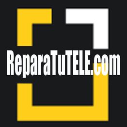 Logo con texto "ReparaTuTELE.com" en blanco sobre fondo negro, con marcos amarillo y blanco.