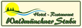 Logo "Hotel - Restaurant Waldmünchner Stub'n" mit Sonne, Bäumen und Wellen in Grün und Blau.