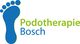 Logo met blauwe voetafdruk en tekst "Podotherapie Bosch" in groene en blauwe letters.