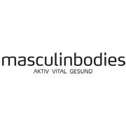 Logo mit dem Text "masculinbodies, AKTIV VITAL GESUND" in schwarzer Schrift auf weißem Hintergrund.