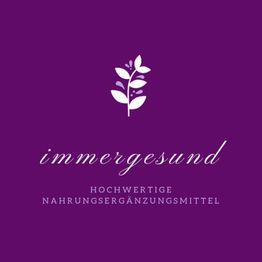 Lila Logo mit Pflanze, Text: "immergesund - Hochwertige Nahrungsergänzungsmittel".
