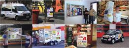 Collage von Fahrzeugen und Geschäften mit verschiedenen Werbebannern und Plakaten.
