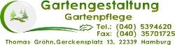 Gartengestaltung Logo mit Kontaktdaten: Tel. 040 5394620, Fax 040 35701725, Hamburg-Adresse.