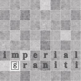 Grau-weiß karierte Fliesen mit dem Schriftzug "imperial graniti" in der Mitte des Bildes.