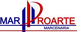 Logotipo da MAR PRO ARTE Marcenaria, em azul e vermelho, com uma ilustração estilizada ao centro.
