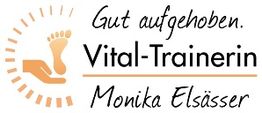 Logo mit Fuß in Hand, Text: "Gut aufgehoben. Vital-Trainerin Monika Elsässer".