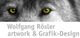 Wolfsgesicht mit gelben Augen. Text: "Wolfgang Rösler artwork & Grafik-Design".