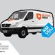 Witte bestelwagen met Buster Rent logo en tekst "KM VRIJ". Tekst: "BUSTER GAAT VERDER DAN DE REST!"