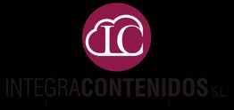 Logo de Integra Contenidos S.L. con letras blancas sobre fondo burdeos y negro.