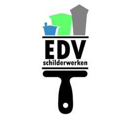 Logo van EDV schilderwerken met huizen op een kwast.