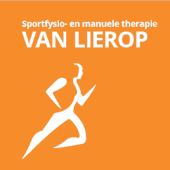 Oranje logo met loper en tekst: "Sportfysio- en manuele therapie VAN LIEROP".