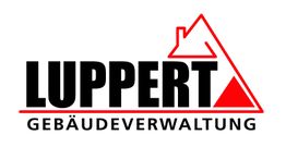 Logo der Firma "Luppert Gebäudeverwaltung" mit rotem Haus-Symbol über dem Text.