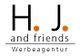 Logo mit Text: "H. J. and friends Werbeagentur" und orange Punkte bei "H." und "J.".