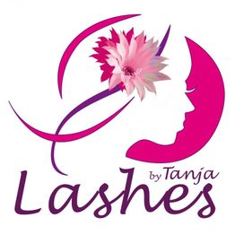 Logo einer Frauensilhouette mit Blume und "Lashes by Tanja" in rosa und lila Tönen.