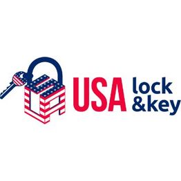 USA lock & key logo with a padlock resembling the American flag design.