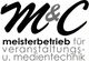 Logo: "M&C Meisterbetrieb für Veranstaltungs- und Medientechnik" in Schwarz-Weiß.