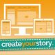 Computerschermen en een tablet met de tekst "create your story" op een oranje achtergrond.