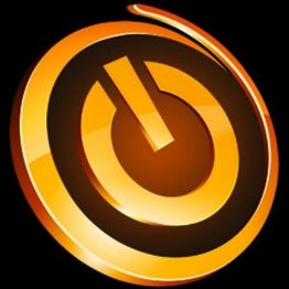 Abstract orange and black circular logo with a stylized power symbol.