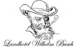Strichzeichnung eines bärtigen Mannes mit Pfeife und Hut. Text: „Landhotel Wilhelm Busch“.