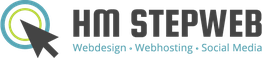 HM STEPWEB-Logo: Webdesign, Webhosting, Social Media mit Pfeil und Kreisen in Blau und Grün.