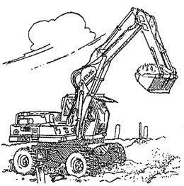 Zeichnung eines Baggers auf einer Baustelle, der Erde mit seiner Schaufel bewegt.