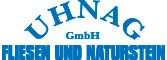 Text: "UHNAG GmbH Fliesen und Naturstein" in blauer Schrift.