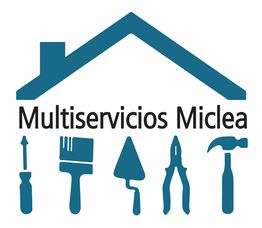 Logo de "Multiservicios Miclea" con herramientas debajo de un techo estilizado.