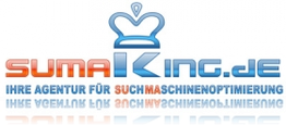 Logo von SumaKing.de mit Text "Ihre Agentur für Suchmaschinenoptimierung" und blau-rotem Design.