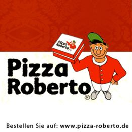 Illustration von Pizza Roberto mit Cartoon-Figur und Website-Aufruf zum Bestellen.
