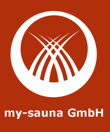 Logo mit weißem Kreis und Linien auf rotem Hintergrund, Text: "my-sauna GmbH".