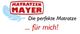 Logo von "Matratzen Mayer" mit Slogan: "Die perfekte Matratze ... für mich!" und einer Feder.