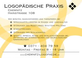 Visitenkarte der Logopädischen Praxis in Chemnitz, bietet Therapien für Sprach- und Stimmstörungen an.