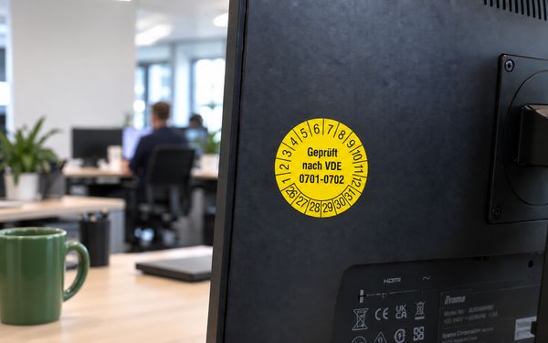 Rückseite eines PC-Monitors mit gelbem Prüfsiegel nach VDE 0701-0702 in einer modernen Büroumgebung.