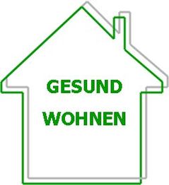 Hausumriss mit grünem Text "GESUND WOHNEN" im Inneren auf weißem Hintergrund.