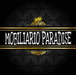 Texto "MOBILIARIO PARADISE" en fondo negro con decoraciones doradas.