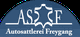 Logo der Autosattlerei Freygang mit Lederform und Abkürzung ASF auf blauem Hintergrund.