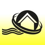 Schwarzes Haus-Symbol mit Kreis und Wellen auf gelbem Hintergrund.