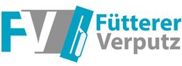 Logo von "Fütterer Verputz" mit einem blauen Spachtel und den Initialen FV in Grau und Weiß.
